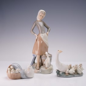 3pc Lladro Porcelain Figurine, Girl with Milk, Ducks and Ducklings