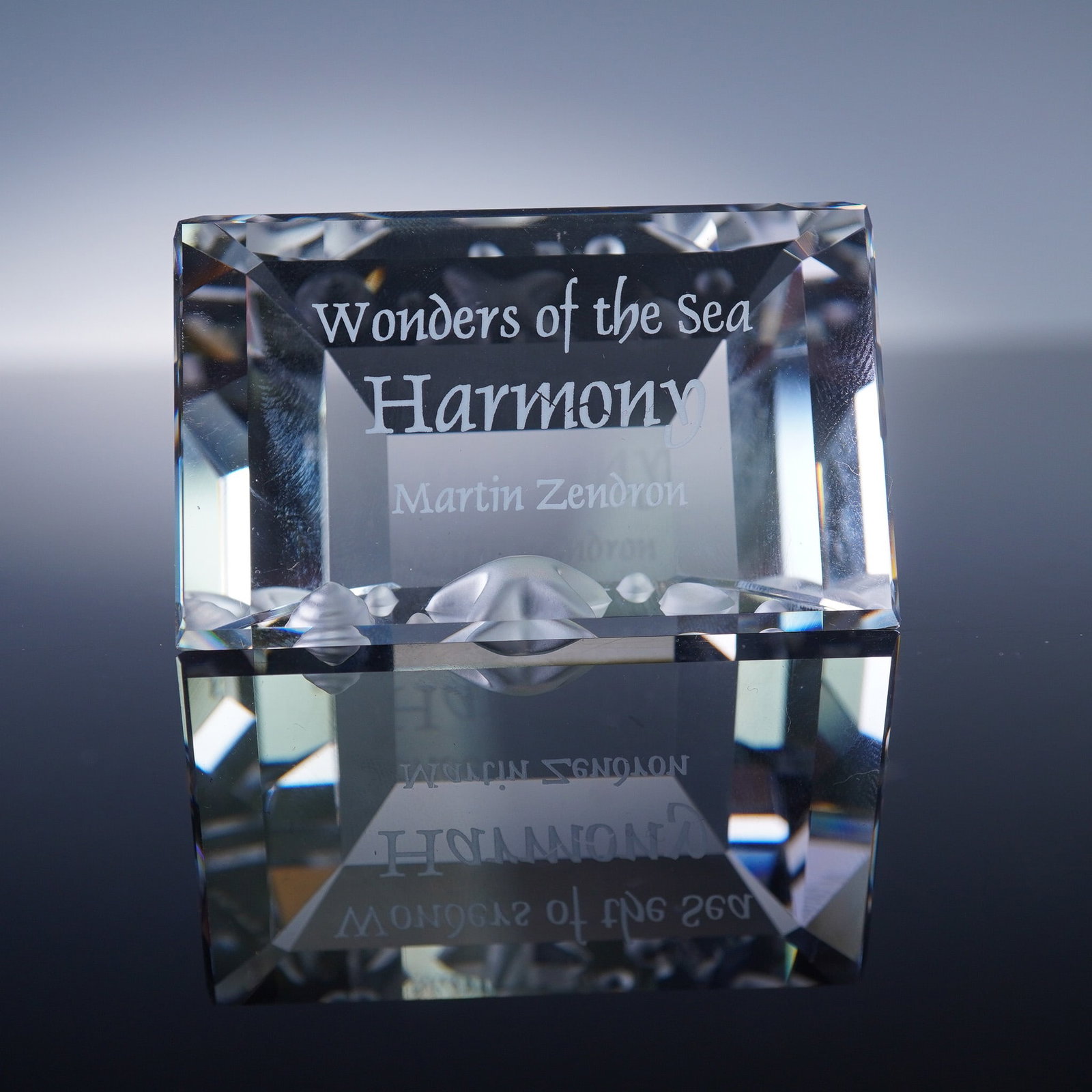 Swarovski Crystal Plaque, Wonders of the Sea Harmony 2005 with Box: This Swarovski crystal plaque titled Harmony was issued in 2005 as part of the Wonders of the Sea collection. Designed by Martin Zendron, the precision-cut rectangular plaque is etched with the title,