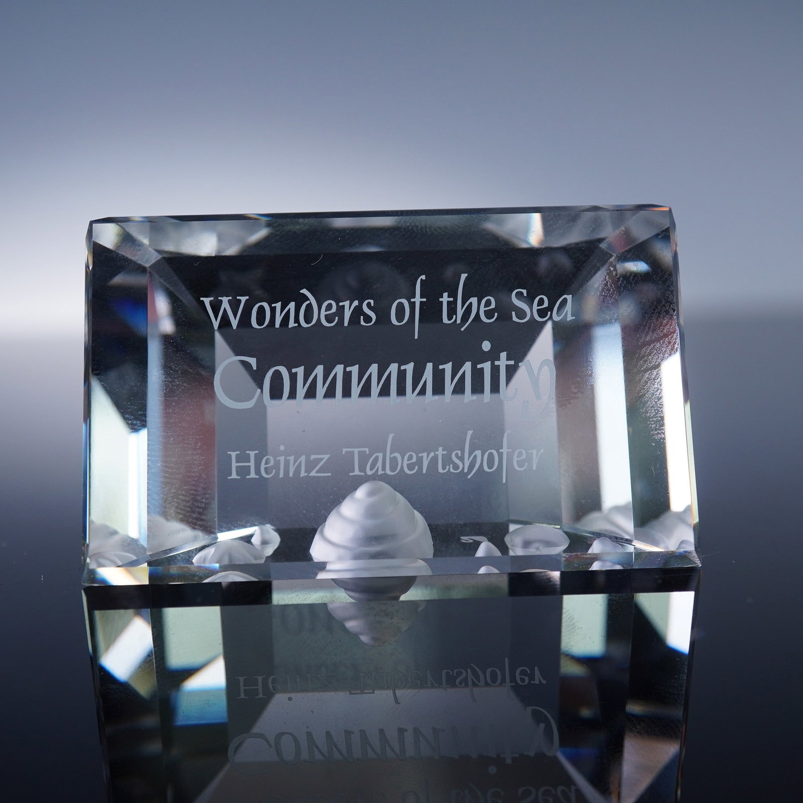 Swarovski Crystal Plaque, Wonders of the Sea Community 2007 with Box: This Swarovski crystal plaque titled Community was issued in 2007 as part of the Wonders of the Sea trilogy. Designed by Heinz Tabertshofer, the plaque features precision-cut crystal with frosted mari
