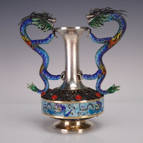 Chinese Silver Cloisonne Dragon Vase