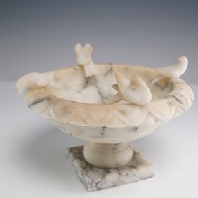 Carved Stone Pedestal Bowl with Birds Sculpture