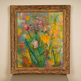 Mid-Century Original Oil on Canvas, Vibrant Bouquet in Bloom, Signed