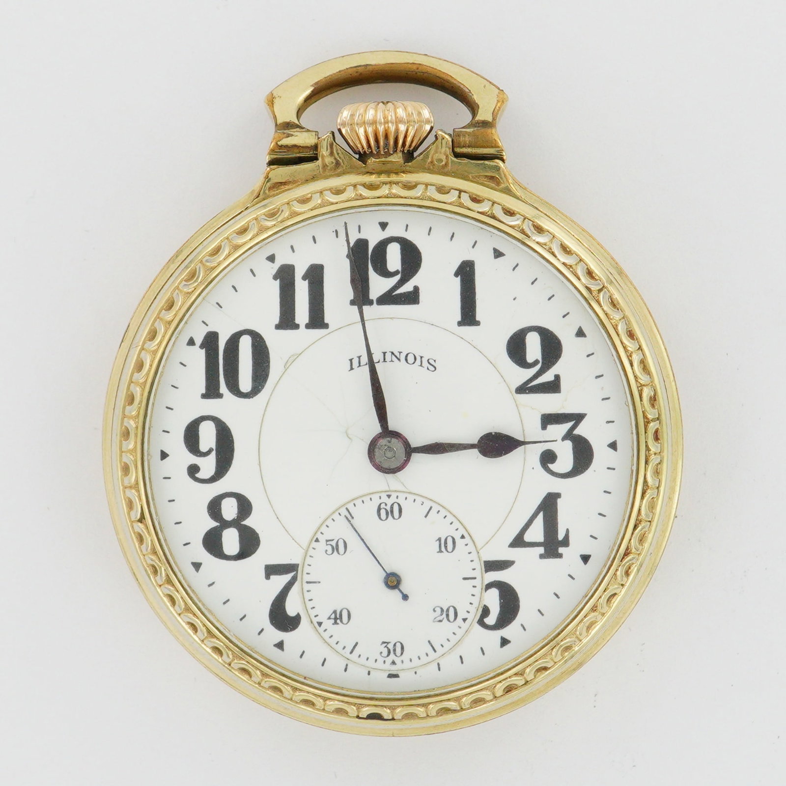 Illinois Watch Co. Bunn Specia Sixty Hour Rolled Gold Plate Pocket Watch: A fine example of the Illinois Watch Co. Bunn Special Sixty Hour railroad-grade pocket watch, featuring a bold white dial with black Arabic numerals and blued steel hands. The movement is marked "Sixt