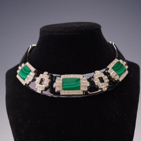 Alexis Kirk Art Deco Style Choker Necklace with Malachite and Rhinestones