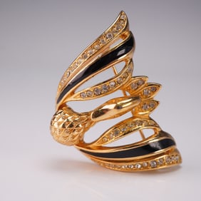 Christian Dior Goldtone Swan Brooch with Enamel and Rhinestones