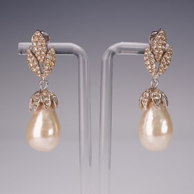 Pair of Rhinestone and Simulated Pearl Drop Earrings