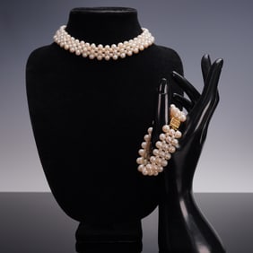 2pc Cultured Pearl Necklace and Bracelet Set with Goldtone Clasp