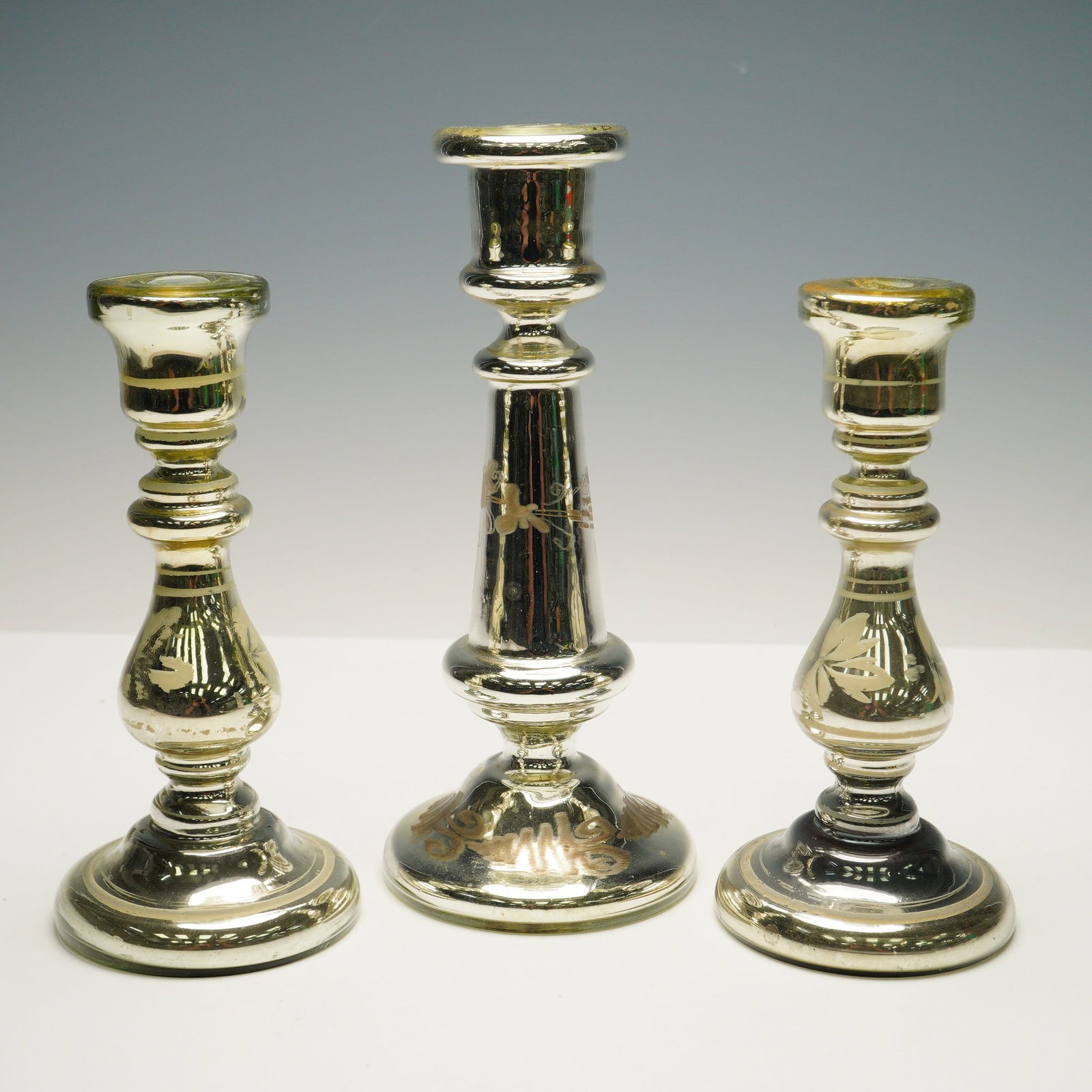 3pc Mercury Glass Floral Motif Candlestick Holders (1 of 4)