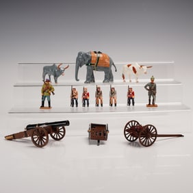 13pc Assorted Painted Metal Military Figures with Animals and Artillery