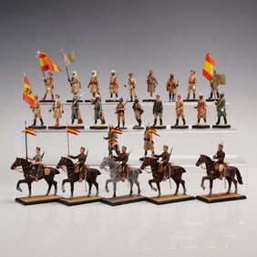 26pc Colonial-Era Painted Metal Figures with Cavalry, Flags, and Musicians