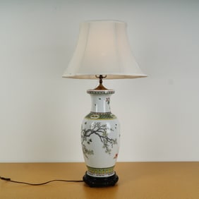 Chinese Porcelain Vase Lamp w/ Hand-Painted Avian & Floral Decorations