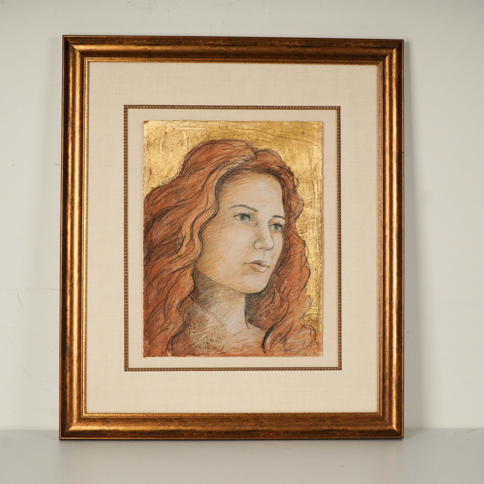 Original Mixed Media Artwork on Paper, Portrait of a Young Woman, Signed: A captivating mixed-media portrait on paper depicting the serene visage of a young woman with cascading red hair, her contemplative gaze turned slightly to the side. The artist skillfully combines del