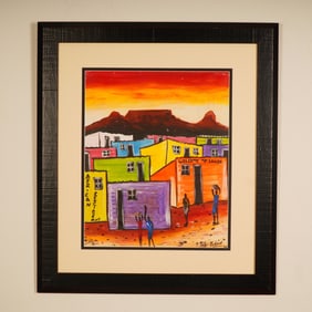 Peter Mukendi, Acrylic on Board, Langa Scene South Africa, Signed