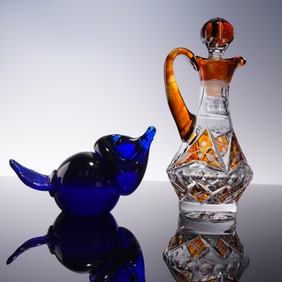 2pc Art Glass Cobalt Blue Paperweight & Bohemian Cut to Clear Amber Cruet