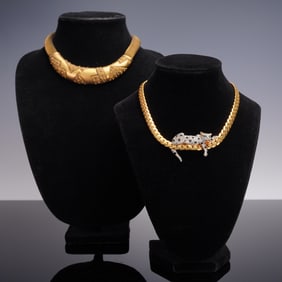 Pair of Goldtone Statement Chokers with Panther and Abstract Designs