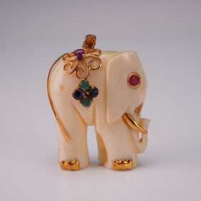 14K Gold and Hardstone Elephant Pendant with Gemstone Accents