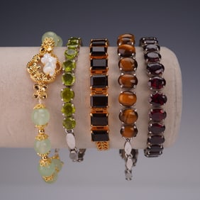 5pc Group of Gemstone and Costume Bracelets