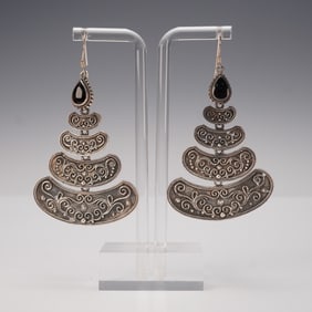 Sterling Silver Filigree Dangle Earrings with Black Onyx