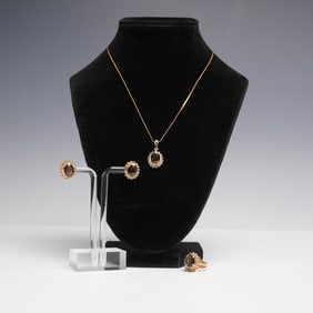 Smoky Topaz 3-Piece Jewelry Set- 18KGF Necklace, Earrings, and Ring