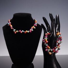 2pc Cultured Multicolored Freshwater Pearl Necklace and Bracelet Set