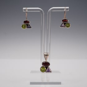 3pc Sterling Silver Geometric Earrings & Pendant Set
