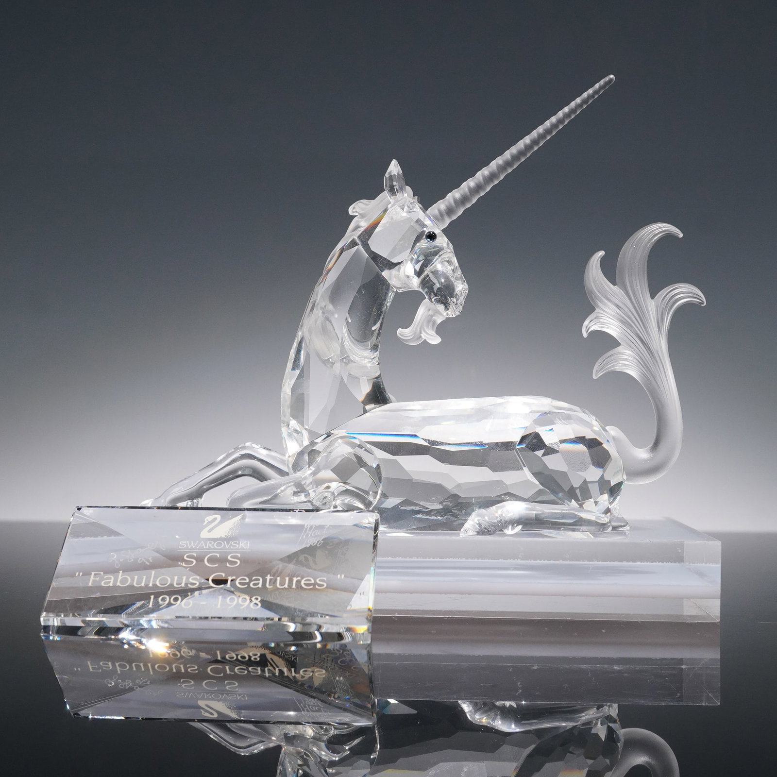 2pc Swarovski Unicorn Figurine and Plaque Set: This 2 piece Swarovski set includes the 1996 Annual Edition Unicorn figurine and the matching title plaque for the Fabulous Creatures trilogy. The Unicorn, model 191727, was released in 1996 as the fi