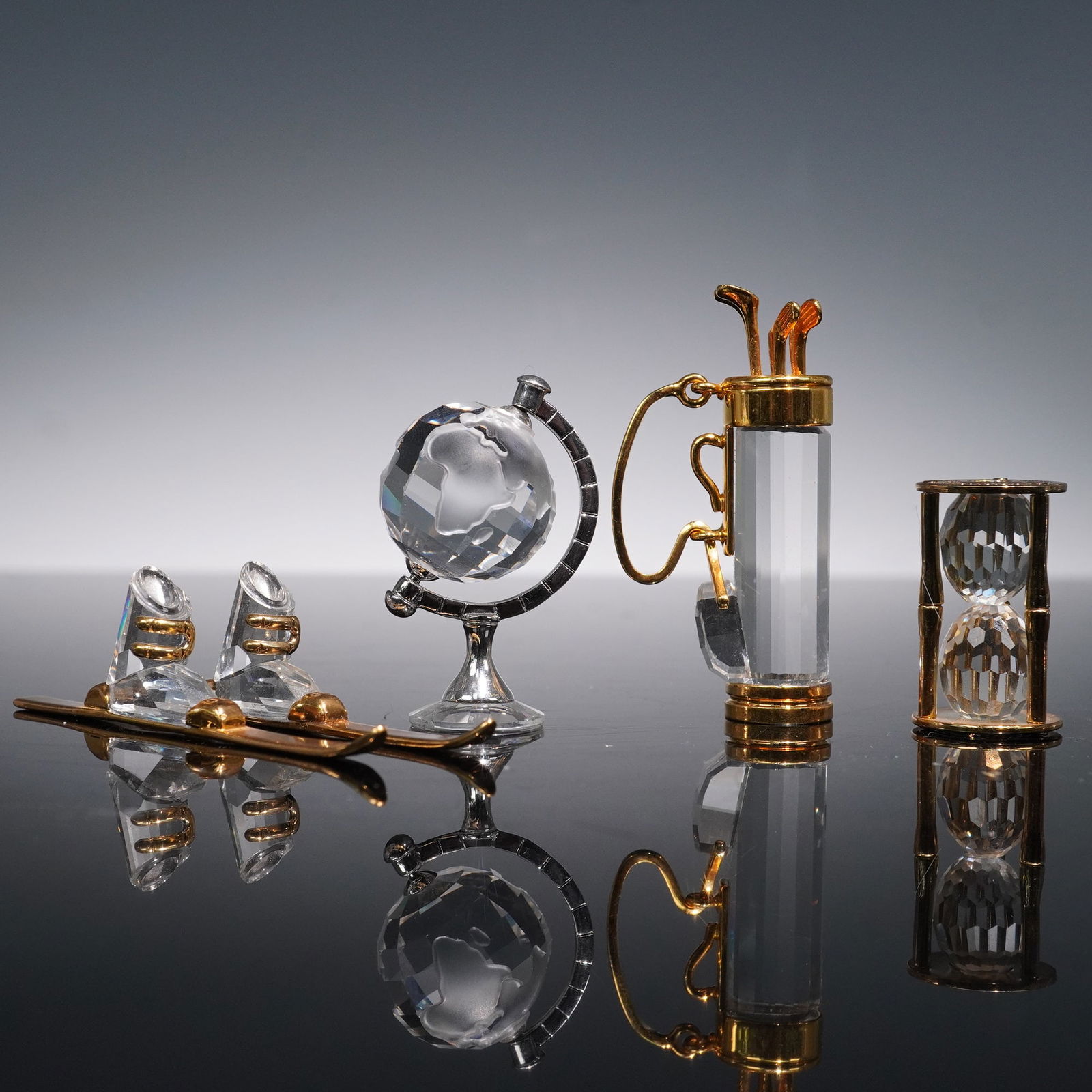 5pc Swarovski Crystal Memory Figurines, Skis, Globe, Golf Bag, & Hourglass (1 of 5)