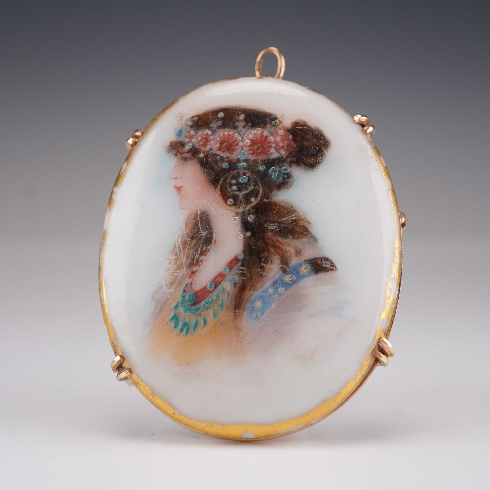 14K Gold Framed Ceramic Portrait Brooch Pendant (1 of 4)