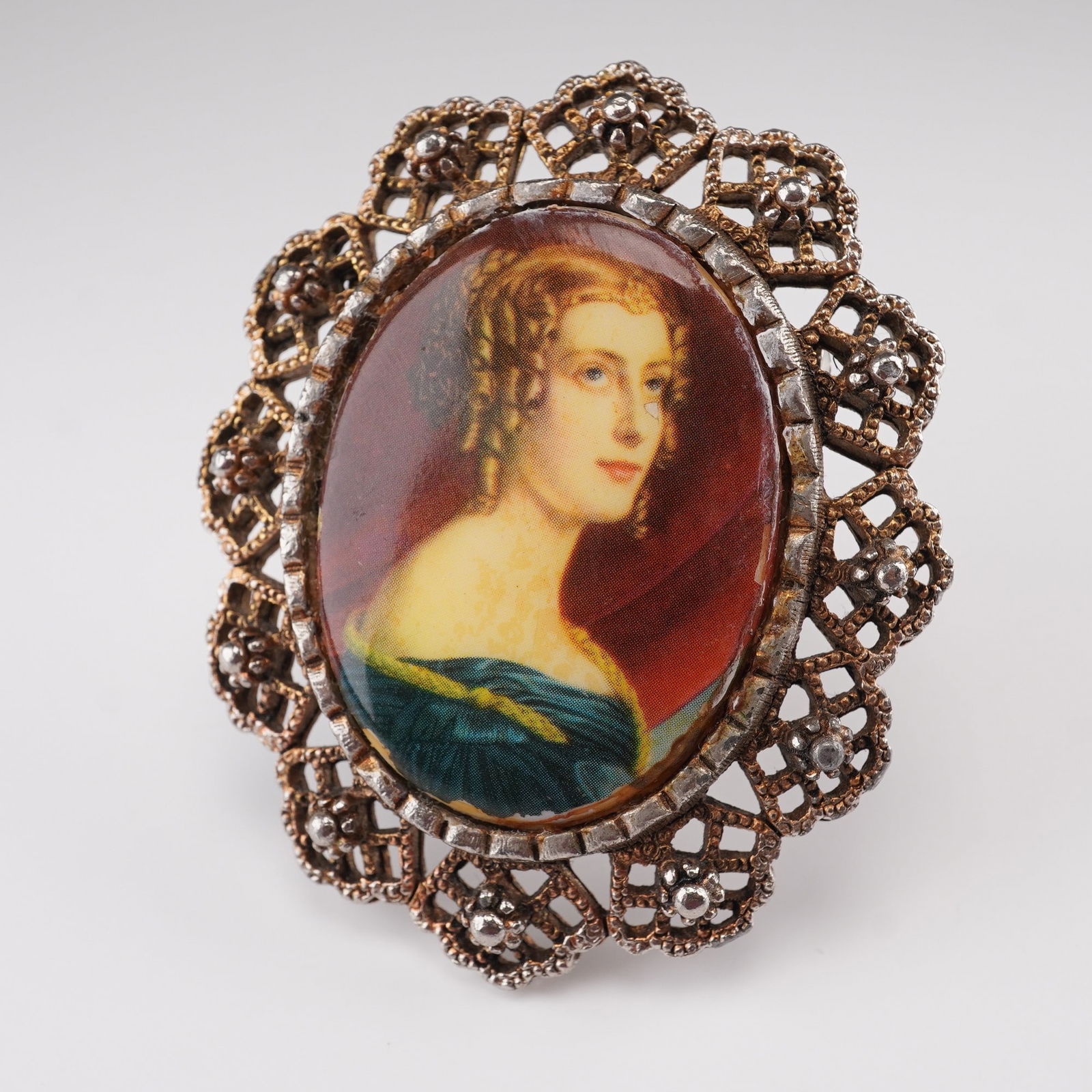 Ornate Brooch with Portrait on Ceramic Disk in Filigree Frame (1 of 3)