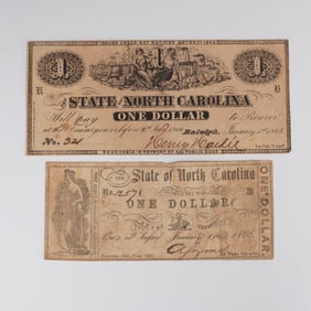 2pc 1863 & 1866 $1 State of North Carolina Civil War Banknotes