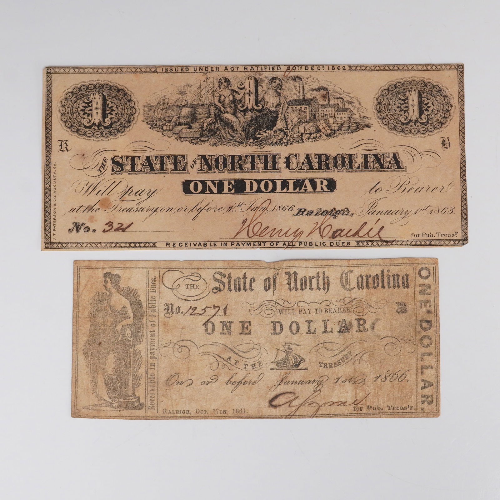 2pc 1863 & 1866 $1 State of North Carolina Civil War Banknotes