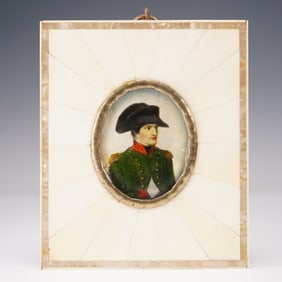 Vintage Hand Painted Portrait Miniature Napoleon in Bone Frame