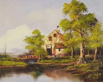 Brenner, Original Oil on Canvas, Landscape with Cottage and River, Signed