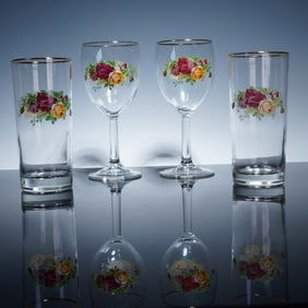 4pc Royal Albert Wine and Tumbler Glasses, Old Country Roses