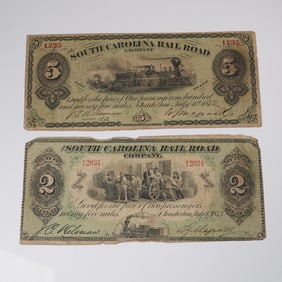 1873 $2 and $5 South Carolina Railroad Fare Notes