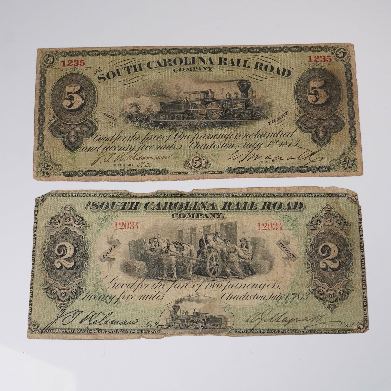 1873 $2 and $5 South Carolina Railroad Fare Notes (1 of 7)
