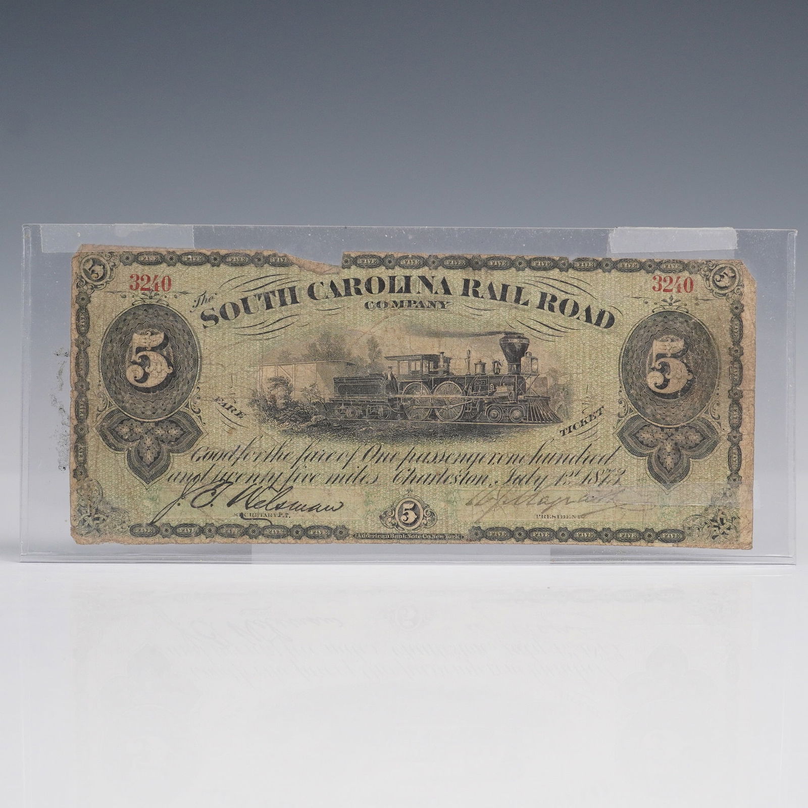 1873 $5 South Carolina Railroad Company Fare Ticket (1 of 4)