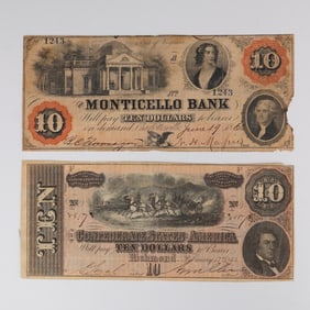 2pc 1860 Monticello Bank & 1864 Confederate States American $10 Banknotes