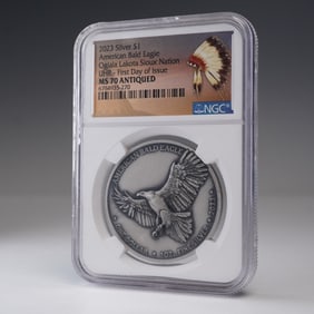 2023 Oglala Lakota Sioux Bald Eagle Dollar Coin NGC Graded MS 70 ANTIQUED