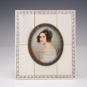 19th C Miniature Portrait of Princess Alexandra of Bavaria in Bone Frame