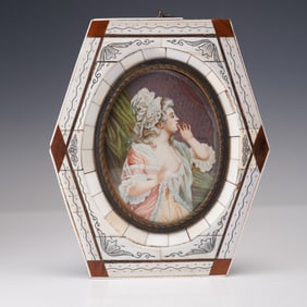Miniature Portrait Signed M. Lemy in Bone and Shell Frame