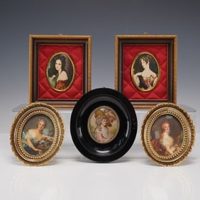 5pc Framed Miniature Portraits of Ladies in Ornate Frames