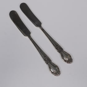 2pc International Sterling Silver Flat Handle Butter Spreaders, Brocade