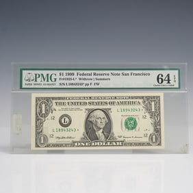 1999 $1 Federal Reserve Banknote PMG Graded 64 Choice Uncirculated EPQ