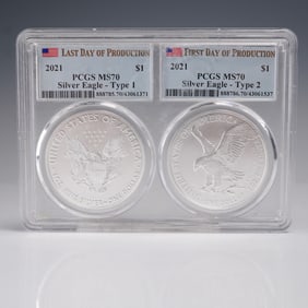 2 2021 Silver Eagle Type 1 & type 2 Silver Dollar PCGS Graded MS70