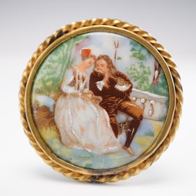 Limoges Porcelain Brooch with Romantic Scene