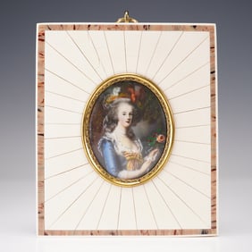 Antique Hand Painted Portrait Miniature Marie Antoinette with Flowers