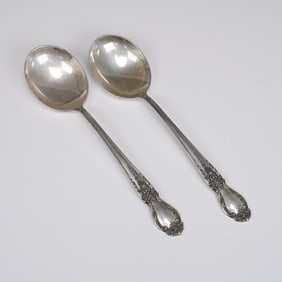 2pc International Sterling Silver Round Bowl Soup Spoons, Brocade Pattern