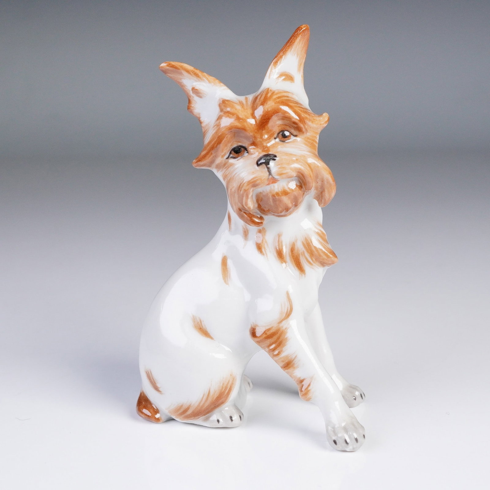 Augarten Porcelain Dog Figurine, Seated Griffon: Augarten porcelain figurine of a seated griffon, modeled with upright ears and expressive detailing. The figure is hand-painted in white with light brown patches, capturing the character of the breed 