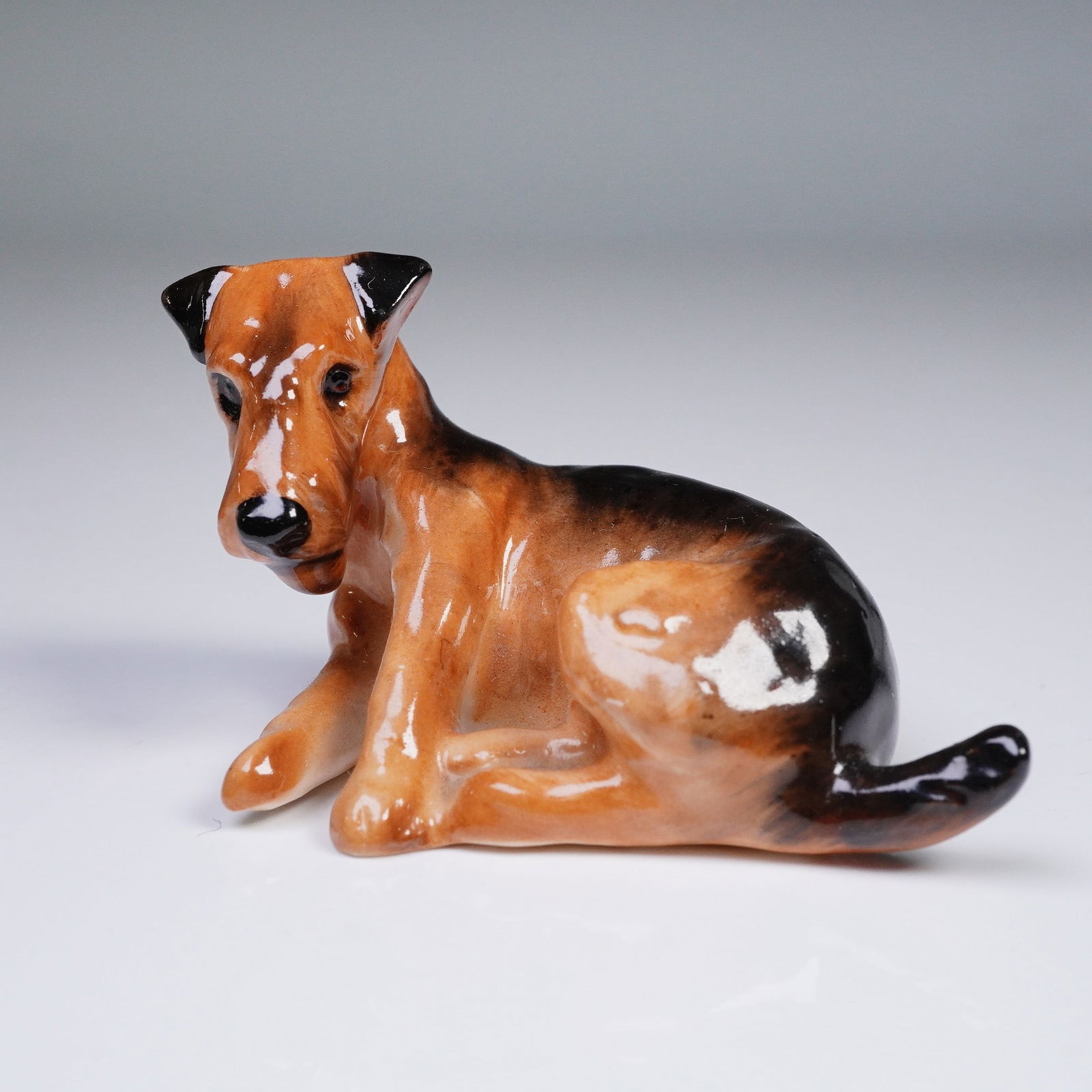 Royal Doulton Figurine, Airedale Terrier K5: Modeled in bone china, this Royal Doulton piece shows an Airedale Terrier, model K5. Shown reclining with head turned, the dog is finished in shades of brown and black, highlighting the breed's distin
